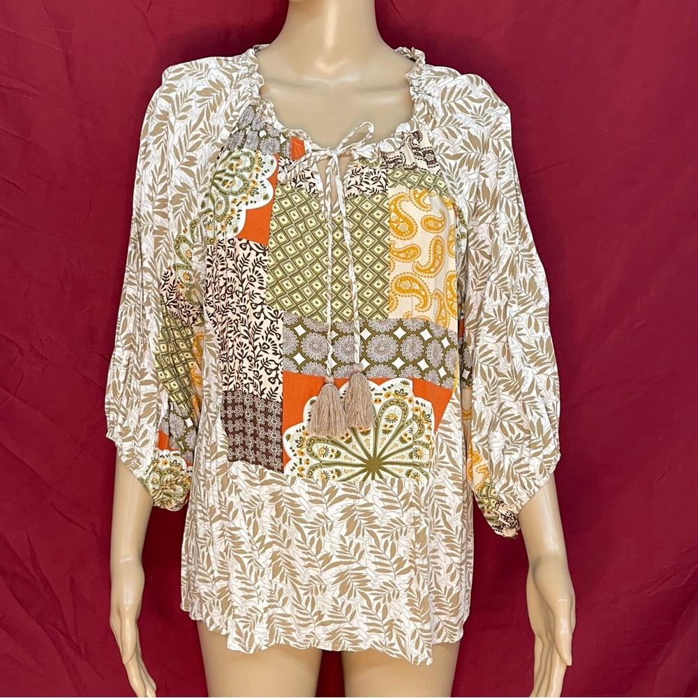GiGiO Patchwork Tassel Tie Neck Peasant Top Brown Leaf & Floral Size Medium